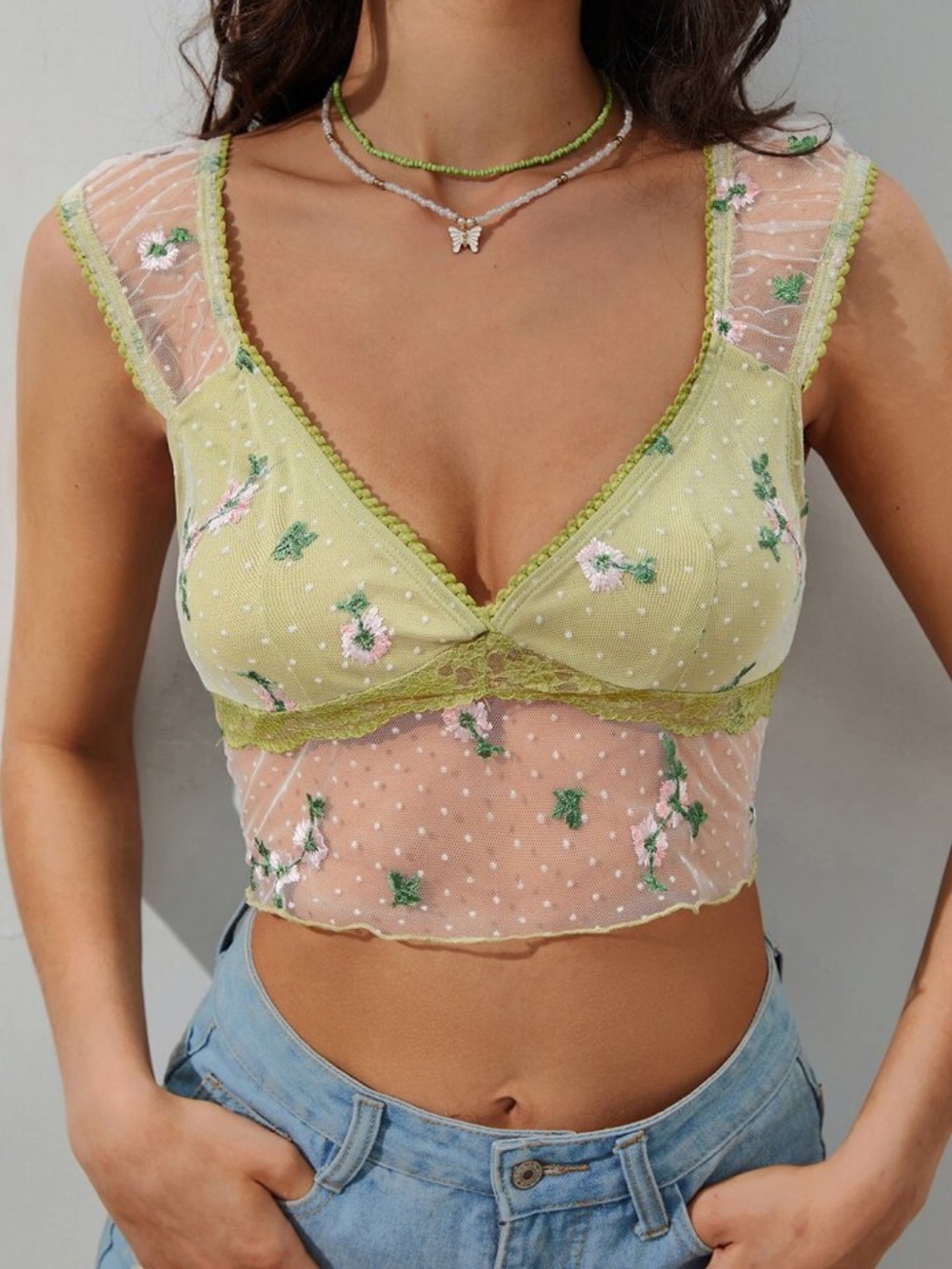 Olive Green Sheer Floral Zip-Front Bralette
